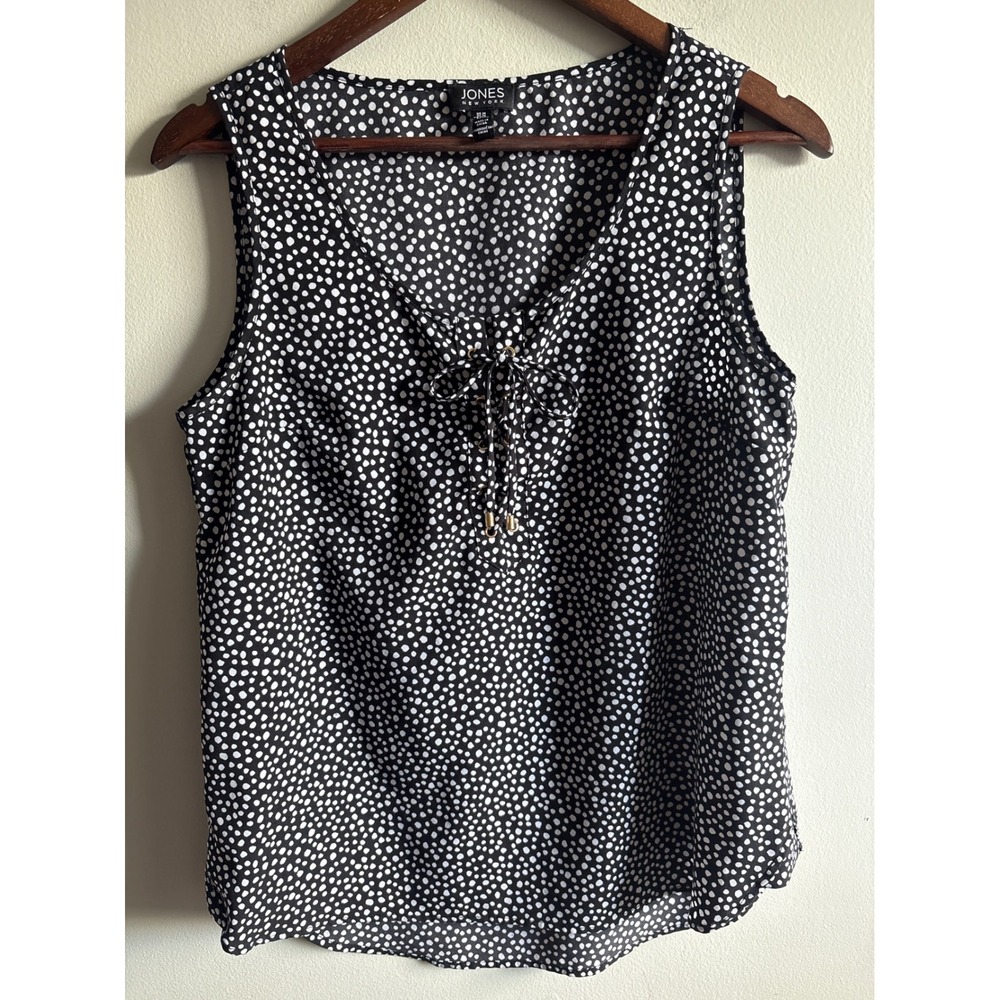 Jones New York Blouse Medium Black White Tie Neck Sleeveless Top